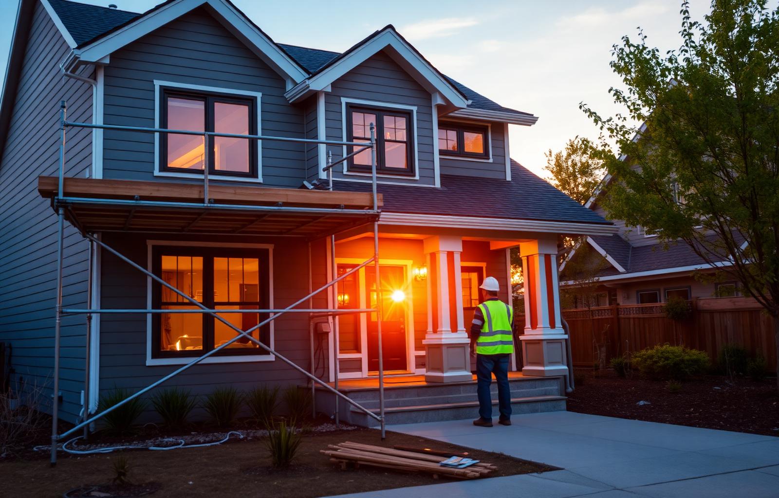 A craftsman home being remodeled at sunset, scaffolding visible